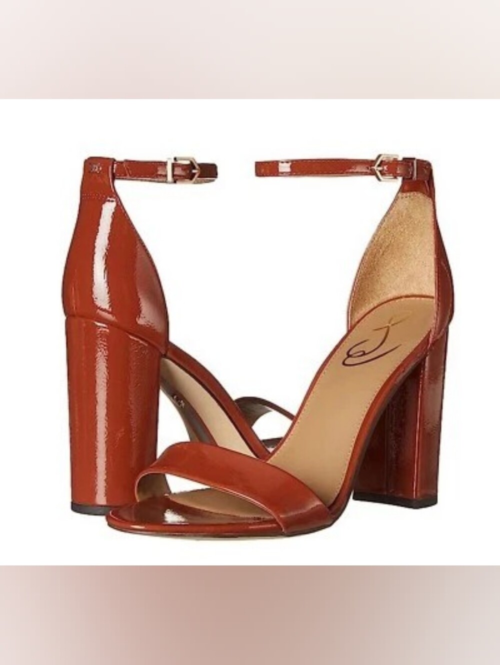 Sam Edelman Patent Rust Ankle-Strap Block Heel Sandals
